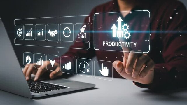 Process to increase productivity concept. Businessman use laptop with productivity icon for industrial management in efficiency and efficient process. Lean cost and productivity growth.