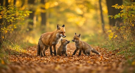 Autumnal Forest Embrace: Red Fox Family in Golden Light