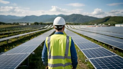 Technician inspects solar panel farm, ensuring renewable energy generation with mountain backdrop on a sunny day, promoting sustainable power.