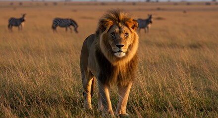 Majestic African Lion in Golden Savannah Grassland Wildlife Photography