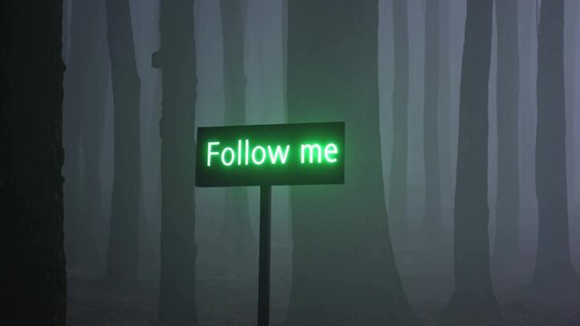 For&ecirc;t brumeuse et enseigne verte "Follow me"