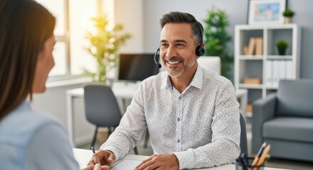 Friendly Customer Service: Man with Headset Helping Client
