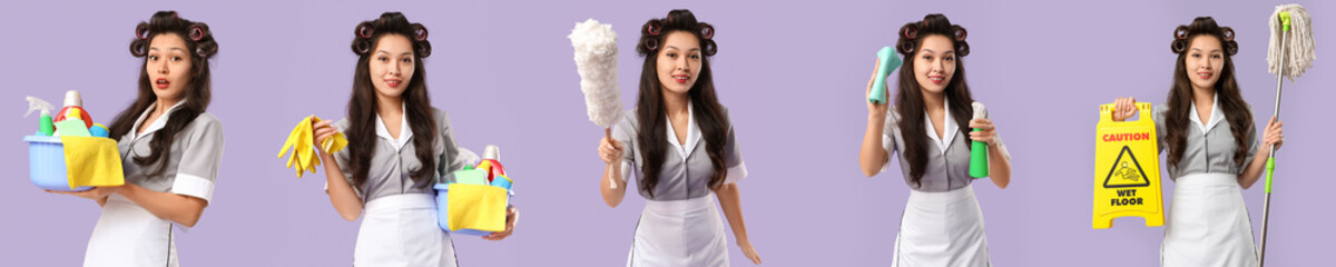 Collage of Asian chambermaid with hair curlers on lilac background