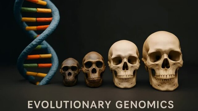 Four hominin skulls increase in size beside a vibrant dna helix on black stage. concept of evolutionary genomics tracing human ancestry.