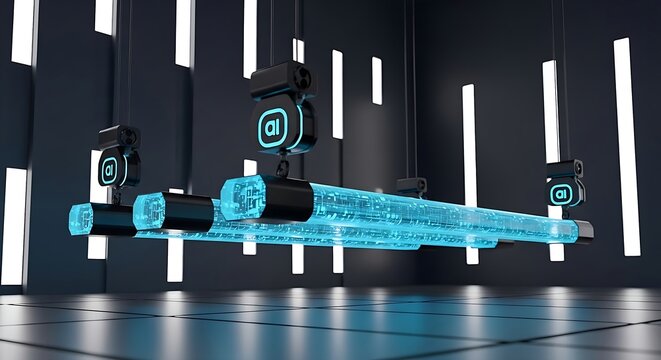 Modern laboratory equipment hangs against a dark background with illuminated panels creating a futuristic tech scene. - Powered by Adobe