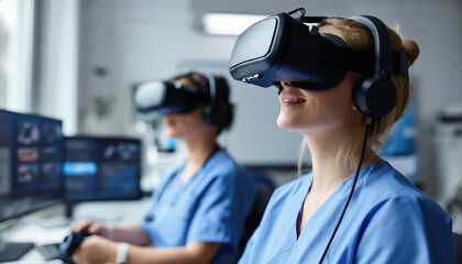 Medical professionals use virtual reality headsets for training, enhancing learning and skills in a high-tech healthcare environment.