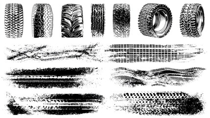 Tire Track Vector Set — Grunge Tread Patterns, Muddy Skid Marks, and Rough Imprints for Cars, Motorcycles, Rally, and Off-Road Sport Design 