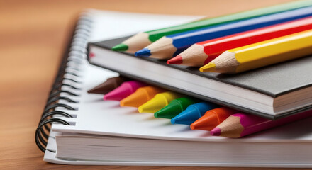 Obraz premium Colorful Pencils and Crayons on Notebooks Back to School Supplies