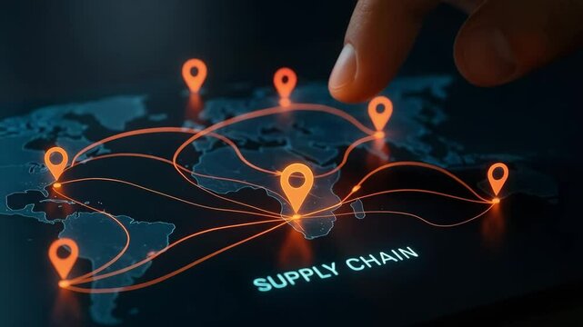 An index finger drops a pin on an illuminated world map with orange supply routes. concept of real-time logistics optimization.