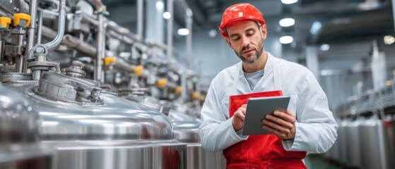 Male factory worker using tablet computer in industrial setting