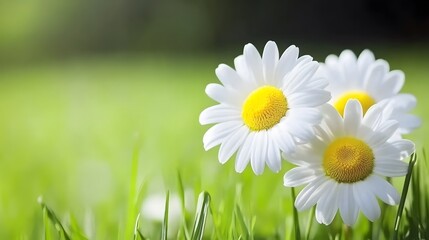 Obraz premium Three Daisies in Sunny Green Meadow Blooming Flowers
