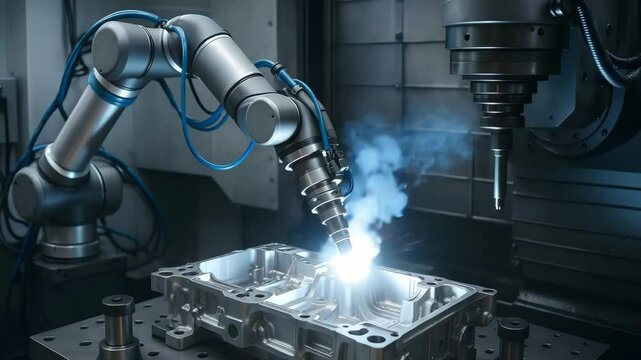 A robotic arm emits sparks while welding a metal engine block inside a cnc cell. concept of automated manufacturing efficiency.
