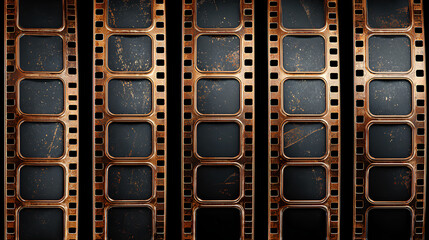 Trendy film strip frame templates set with empty slots, cinema reel with grunge grain noisy texture and scratches, vintage aesthetic design. Modern retro vector illustration on transparent background