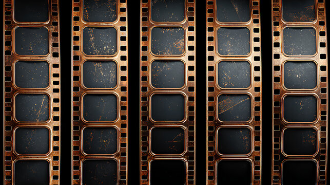 Trendy film strip frame templates set with empty slots, cinema reel with grunge grain noisy texture and scratches, vintage aesthetic design. Modern retro vector illustration on transparent background