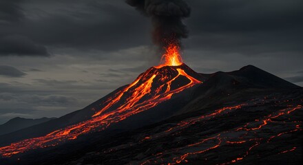 Eruption of a Volcano at Night