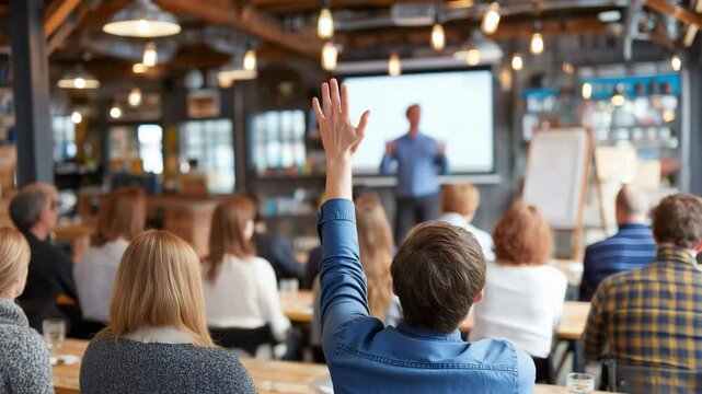 A male participant lifts his hand amid a bustling workshop as the presenter explains at the front. Concept of interactive learning fostering active engagement. - Powered by Adobe
