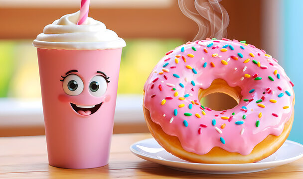 Adorable 3D Cartoon Coffee and Donut Characters with Happy Expressions - Powered by Adobe