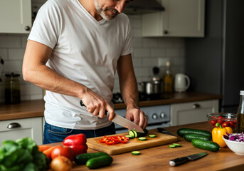 Man cutting raw vegetables on cutting board while preparing lunch