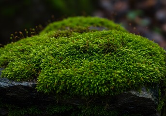 Vibrant Green Moss on Dark Stone