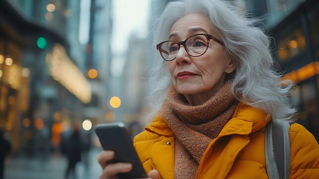 An elderly woman with gray hair, wearing glasses and a bright yellow jacket, using her smartphone in an urban setting filled with city lights.