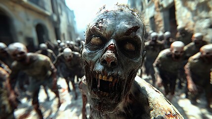 A chilling close-up of zombie figures in an abandoned urban setting, showcasing horror and decay in a post-apocalyptic scene.