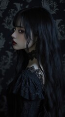 Fototapeta premium Gothic styled young woman with long black hair in a dark dress