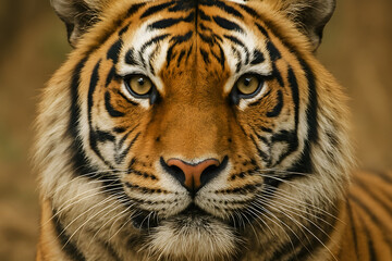 Obraz premium Portrait of a tiger’s face filling the frame, highlighting its sharp eyes, detailed fur texture.