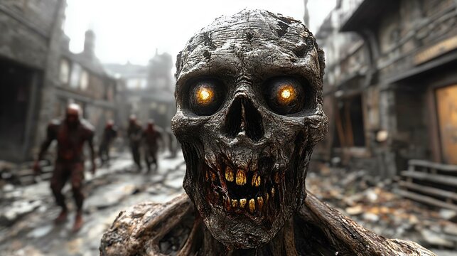 A terrifying close-up of a skeletal zombie with glowing eyes in a desolate urban setting, capturing a scene of horror and decay.