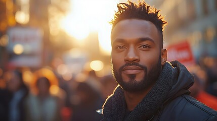 A confident young man smiling in a crowd during a sunny day. The vibrant background features people and protest signs, suggesting a lively atmosphere.