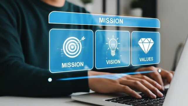 Mission, vision and values of a company, corporate communications to specify policy and business direction. Businessman using laptop with business mission, vision and values icons.