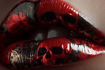 A close-up of lips with striking makeup featuring skulls, creating a bold and dramatic look. The image is intense, emphasizing themes of darkness and artistry.