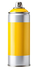Yellow aerosol spray can, silver metal body, blank label for new product. Potential use as fuel or energy