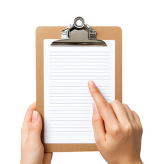Focused hand points to blank clipboard where housekeepers can outline their daily maintenance routine tasks feeling organized and prepared for day work ahead