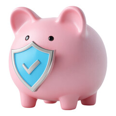 Secure personal finance and insurance tools represented by pink piggy bank with blue shield promoting wise money saving
