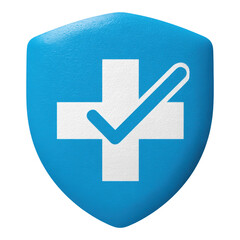 Health insurance protection symbol with white cross and check mark on blue shield, representing treatment and guarantee for medical care and safety in healthcare concept