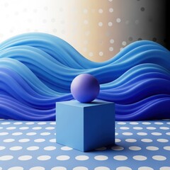 Abstract scene with a purple sphere resting on a blue cube against a backdrop of flowing blue waves and a dotted gradient background