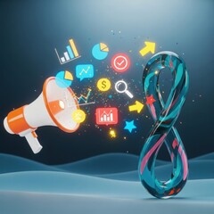 Digital marketing megaphone broadcasting financial data charts and growth arrows towards an abstract infinity symbol