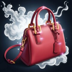 Elegant red leather handbag with gold hardware and a detachable strap floating on stylized white clouds against a dark background