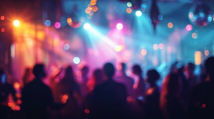 Blurred background revelry shindig. A night party with people are having fun in colorful spotlight at a nightclub. High quality