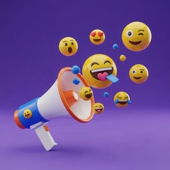 3d illustration of a megaphone emitting various happy and excited emojis against a vibrant purple background
