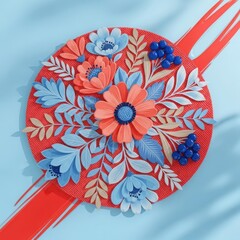 A vibrant circular arrangement of papercraft flowers and leaves in coral and blue hues on a textured red background with a red stripe