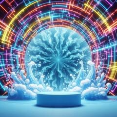 Futuristic neon portal with blue water waves and podium for product display and presentation