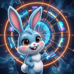 Cute blue cartoon bunny character giving a thumbs up with a digital globe and financial charts in the background