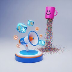 Exciting announcement with a megaphone broadcasting percentage symbols and a happy mug pouring colorful confetti celebrating a sale or promotion