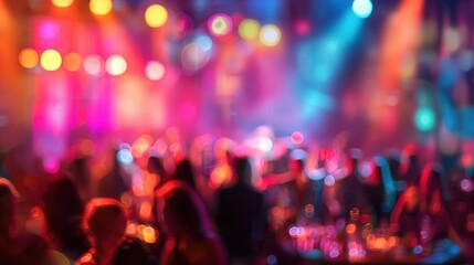 Blurred background revelry shindig. A night party with people are having fun in colorful spotlight at a nightclub. High quality