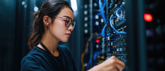 Focused woman technician working on server racks connecting cables data center network technology