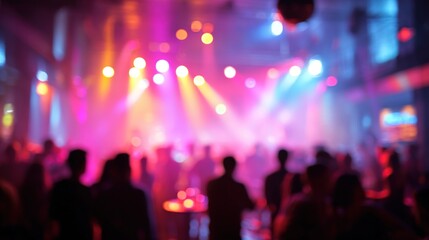 Blurred background revelry shindig. A night party with people are having fun in colorful spotlight at a nightclub. High quality