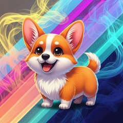 Adorable cartoon pembroke welsh corgi puppy with big ears and a happy smile against a vibrant abstract background of colorful smoke and stripes