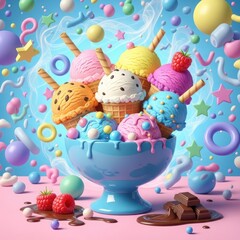 A delightful assortment of colorful ice cream scoops in waffle cones served in a blue bowl surrounded by playful floating candies and chocolate