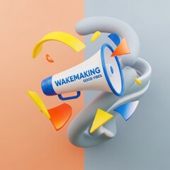 Modern 3d illustration of a white megaphone with blue accents announcing wakemaking good vibes surrounded by abstract colorful shapes